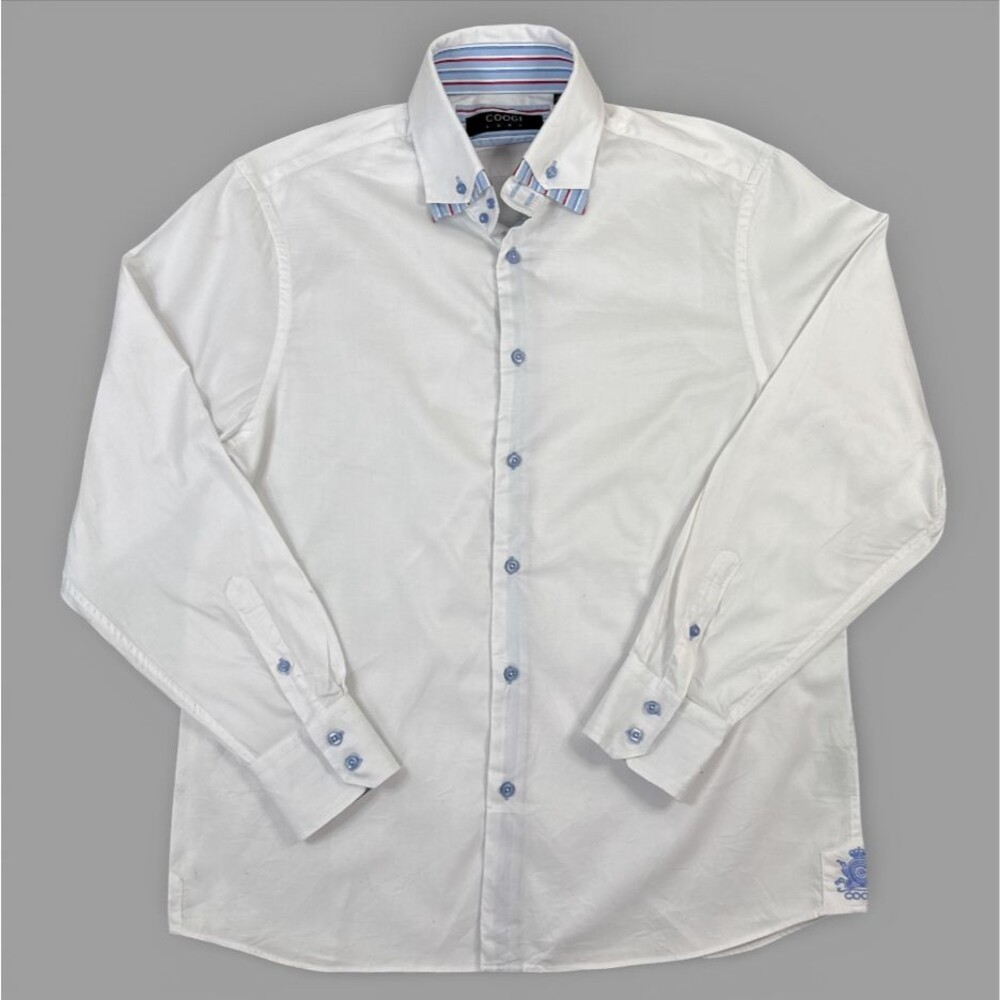 Coogi Luxe Men’s Button Down Embroidered Solid White Dress Shirt Size XL 17.5/18